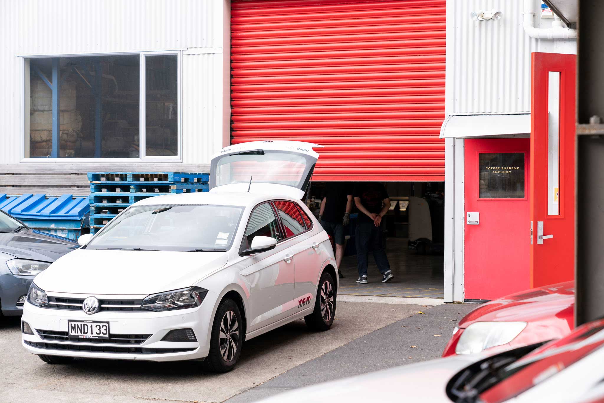 A Mevo vehicle parked outside the Coffee Supreme roastery in Wellington.