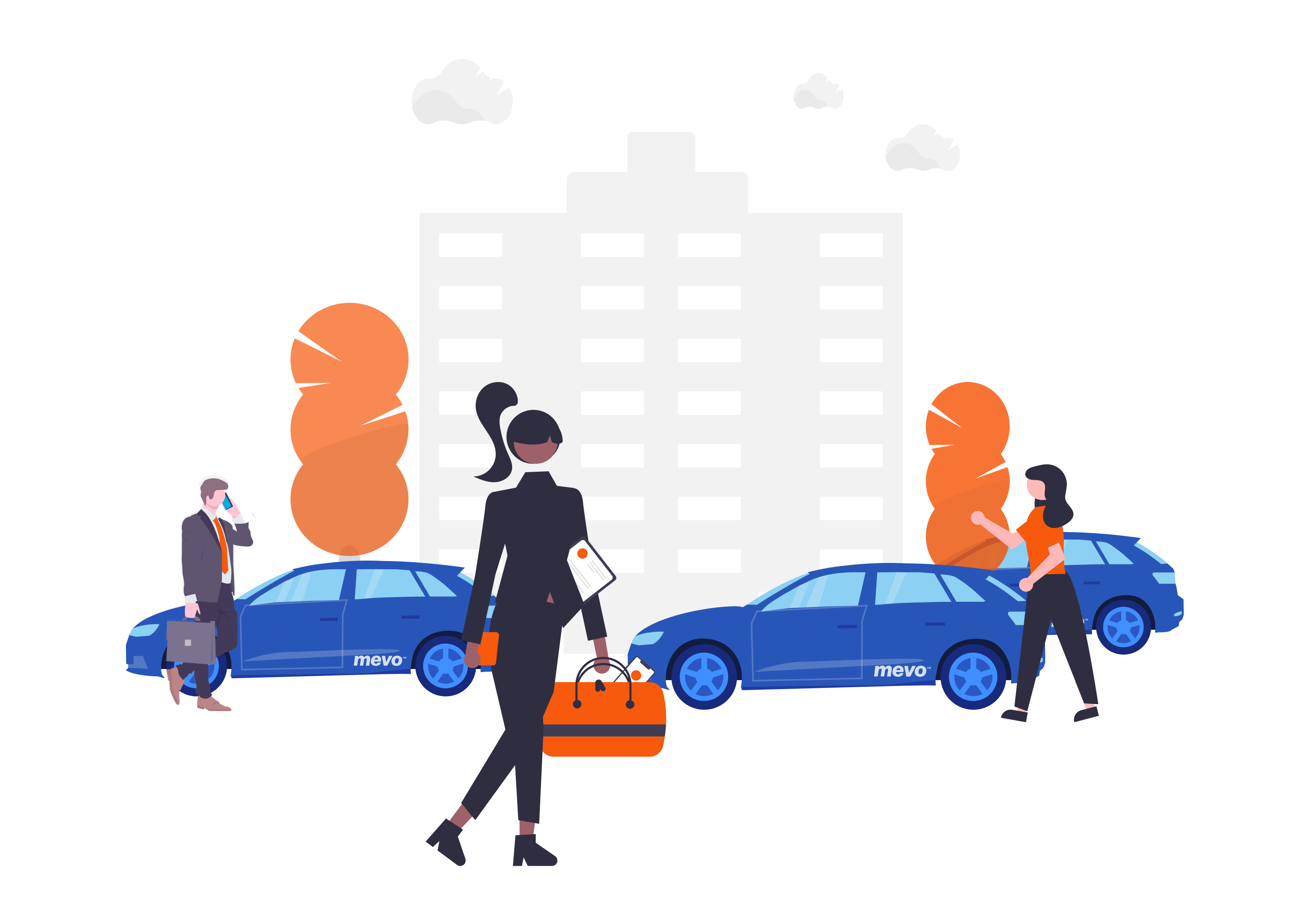 Graphic showing a company's staff using multiple Mevo vehicles